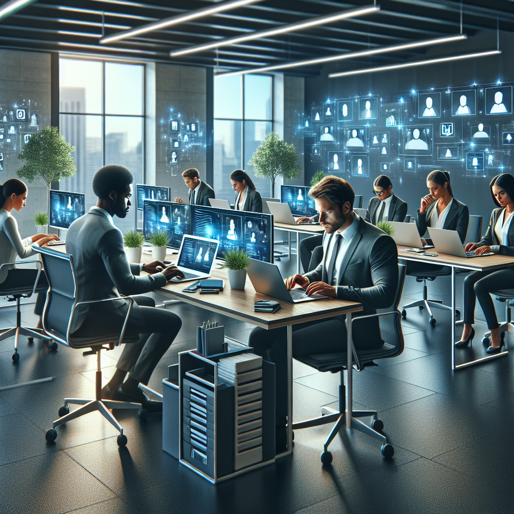A modern office setting with HR professionals analyzing social media profiles on laptops