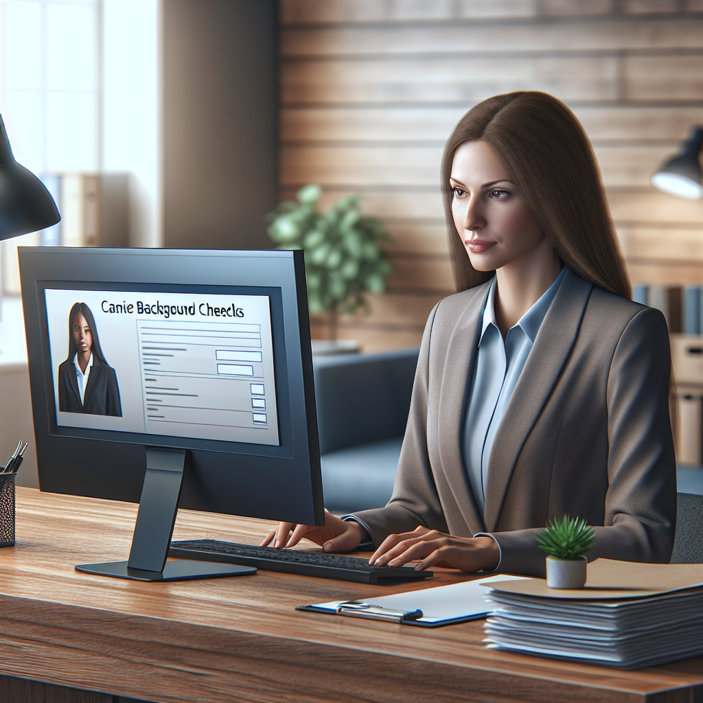 A professional HR manager reviewing candidate background checks on a computer screen in an office setting