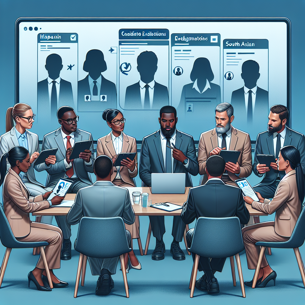 A diverse group of HR professionals discussing candidate evaluations with digital devices showing background check results