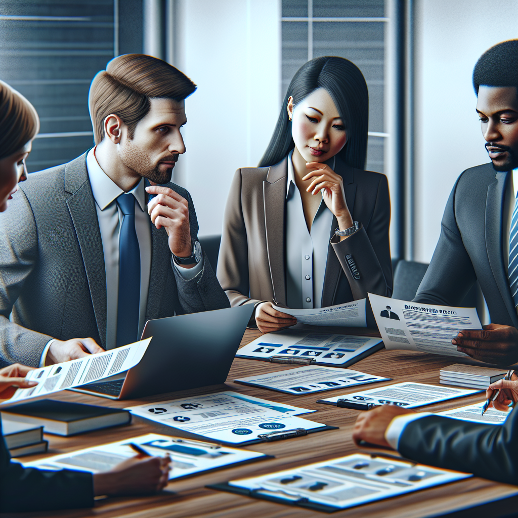 A diverse team of HR professionals discussing various types of background checks with documents and laptops