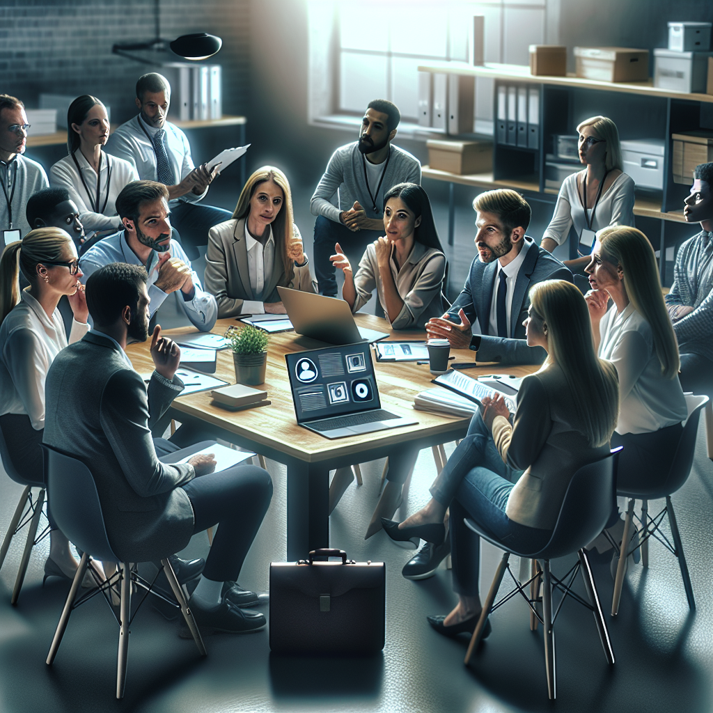 A diverse group of small business owners discussing background check processes in an office setting
