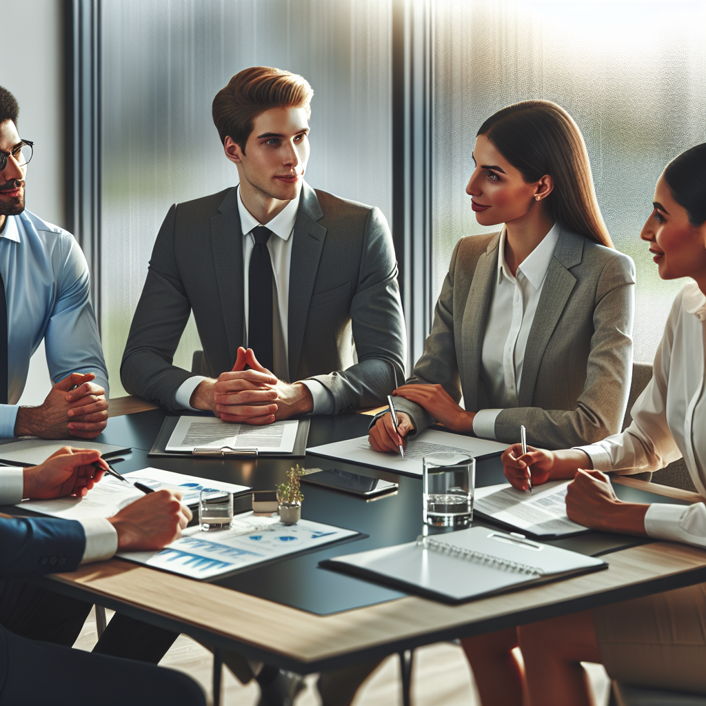 A diverse group of professionals engaged in a collaborative hiring meeting in a modern office setting