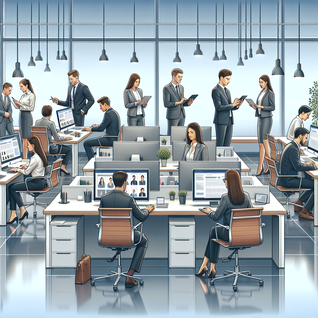 An illustration showing a modern office setup with employees using online background check tools on computers and tablets