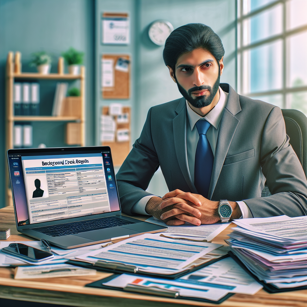 A small business owner reviewing applications with a laptop open showing background check results