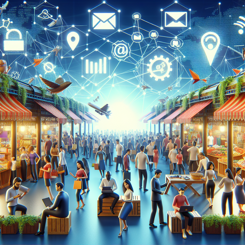 A lively digital marketplace scene depicting various e-commerce activities with animated characters engaging with email marketing strategies