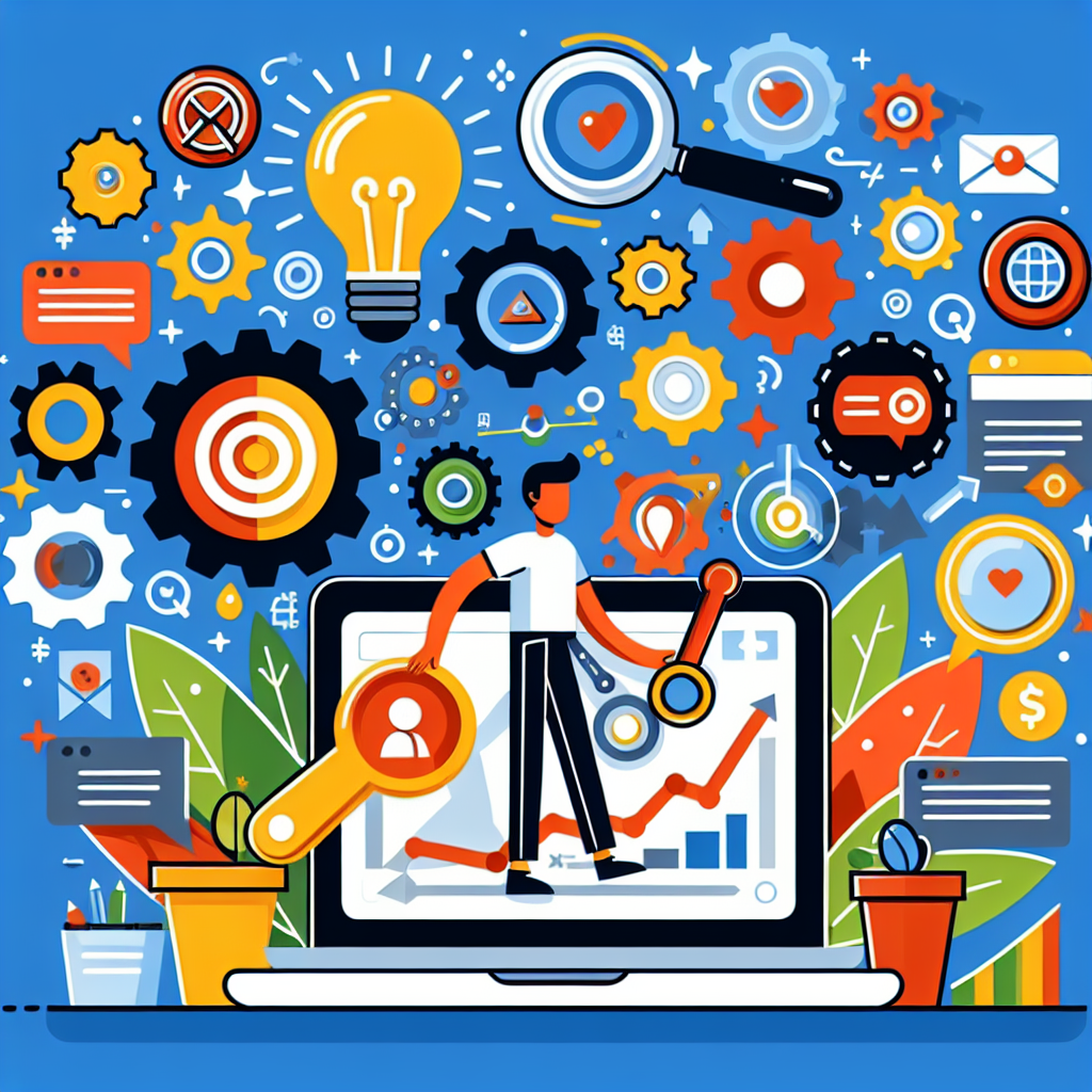 A vibrant illustration depicting the concept of inbound marketing with elements like SEO, content creation, and customer engagement in a fun and engaging style