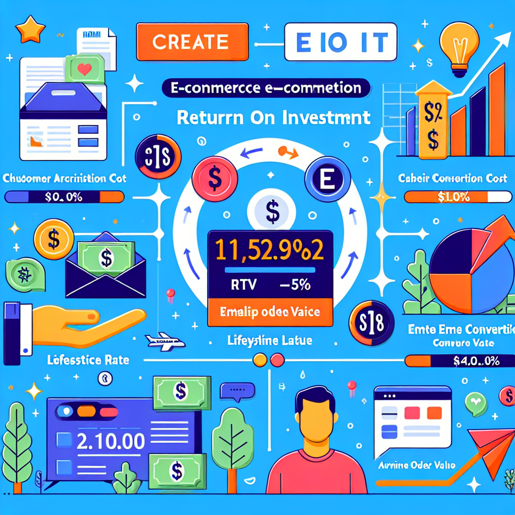 A vibrant infographic illustrating e-commerce ROI metrics with engaging visuals and icons representing key performance indicators like CAC, LTV, Email Conversion Rate, and Average Order Value.