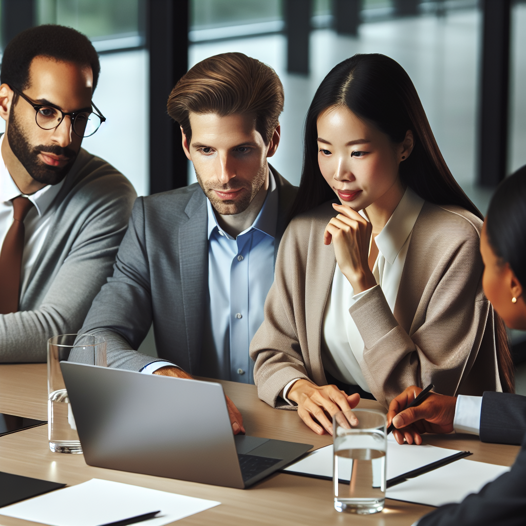 A team of diverse professionals collaborating on an inbound marketing strategy in a modern office setting