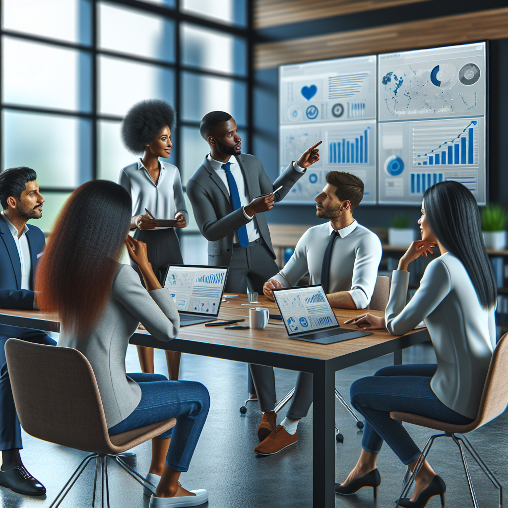 A modern office setting showcasing diverse professionals brainstorming over digital marketing strategies