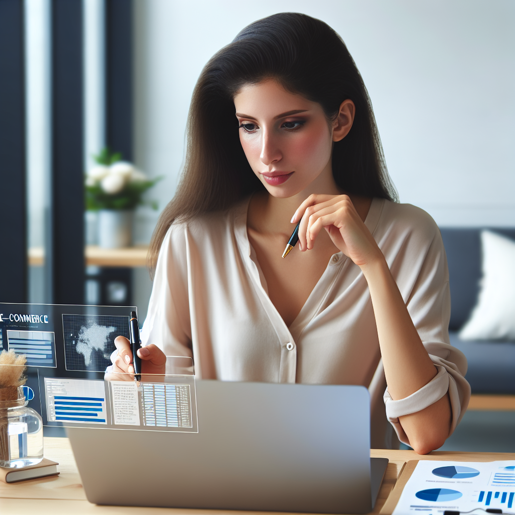 A professional consultant working on an e-commerce strategy with graphs and charts displayed on a laptop