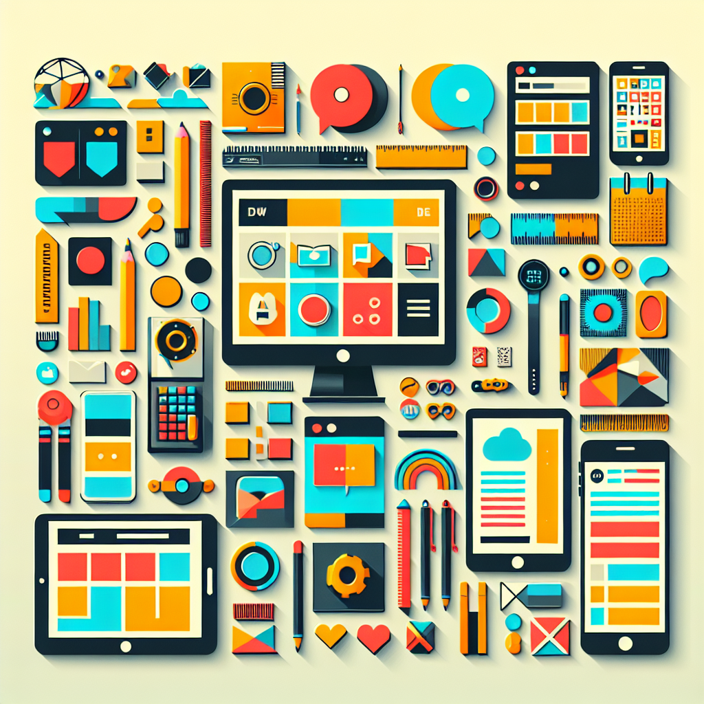 A modern digital workspace showcasing web design elements, branding materials, and social media icons
