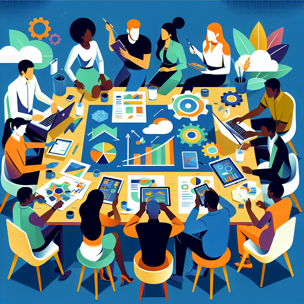 A vibrant illustration depicting people collaborating around a table with charts and digital devices showcasing solutions marketing strategies