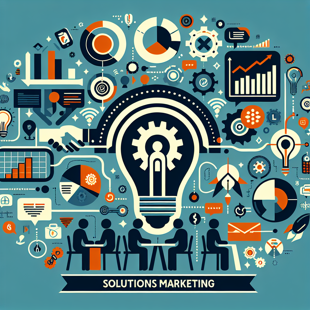 A creative illustration depicting the concept of solutions marketing with elements like data analytics, customer engagement, and innovative strategies