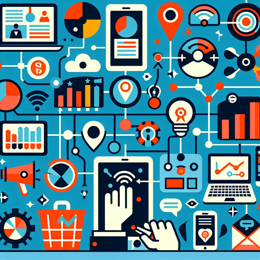 A creative illustration showing various components of a solutions marketing strategy with icons representing customer pain points, data analysis, multi-channel approaches, etc.