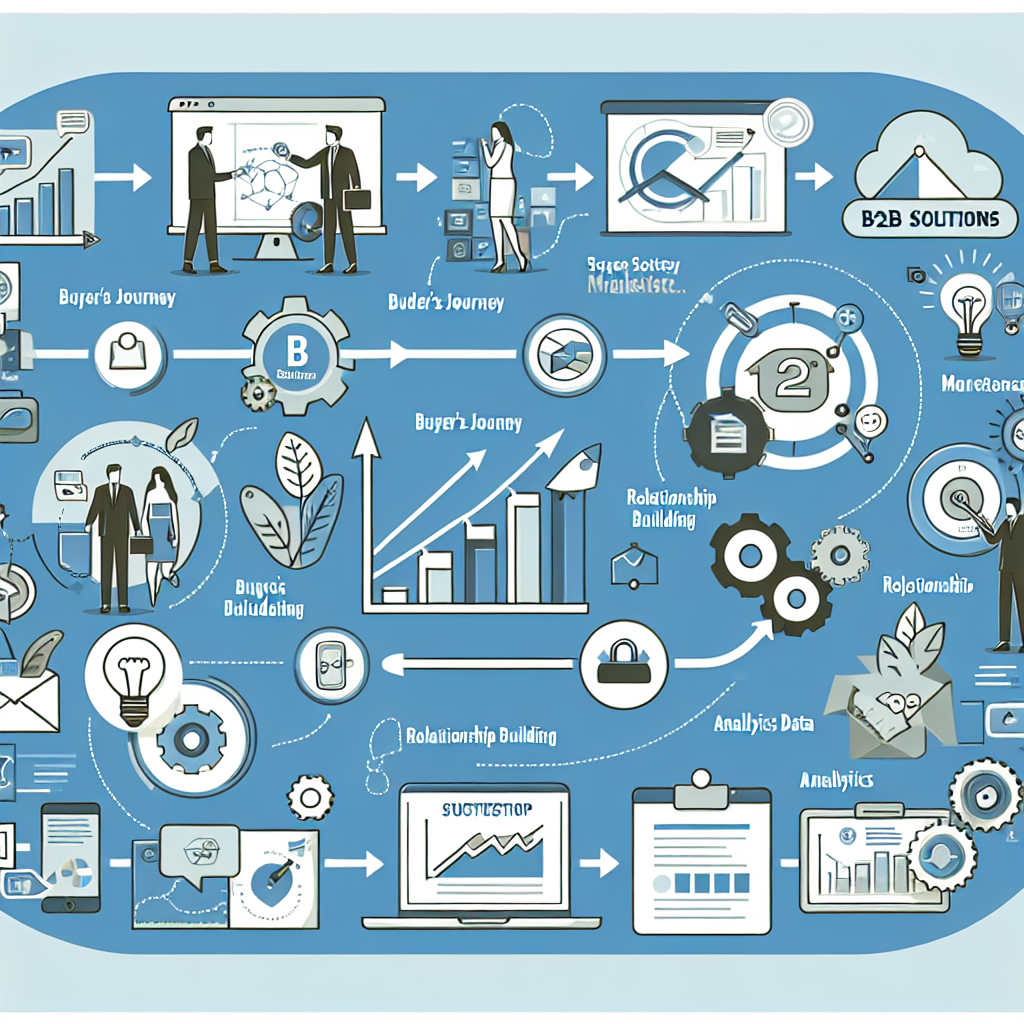 A creative representation of B2B solutions marketing strategies with visuals of buyer journey stages, relationship building icons, and analytics data