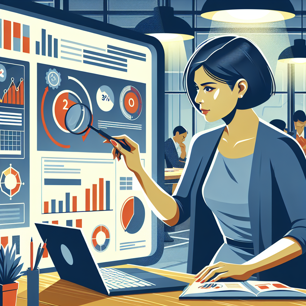A creative illustration depicting a marketing strategist at work with charts and graphs in an office environment