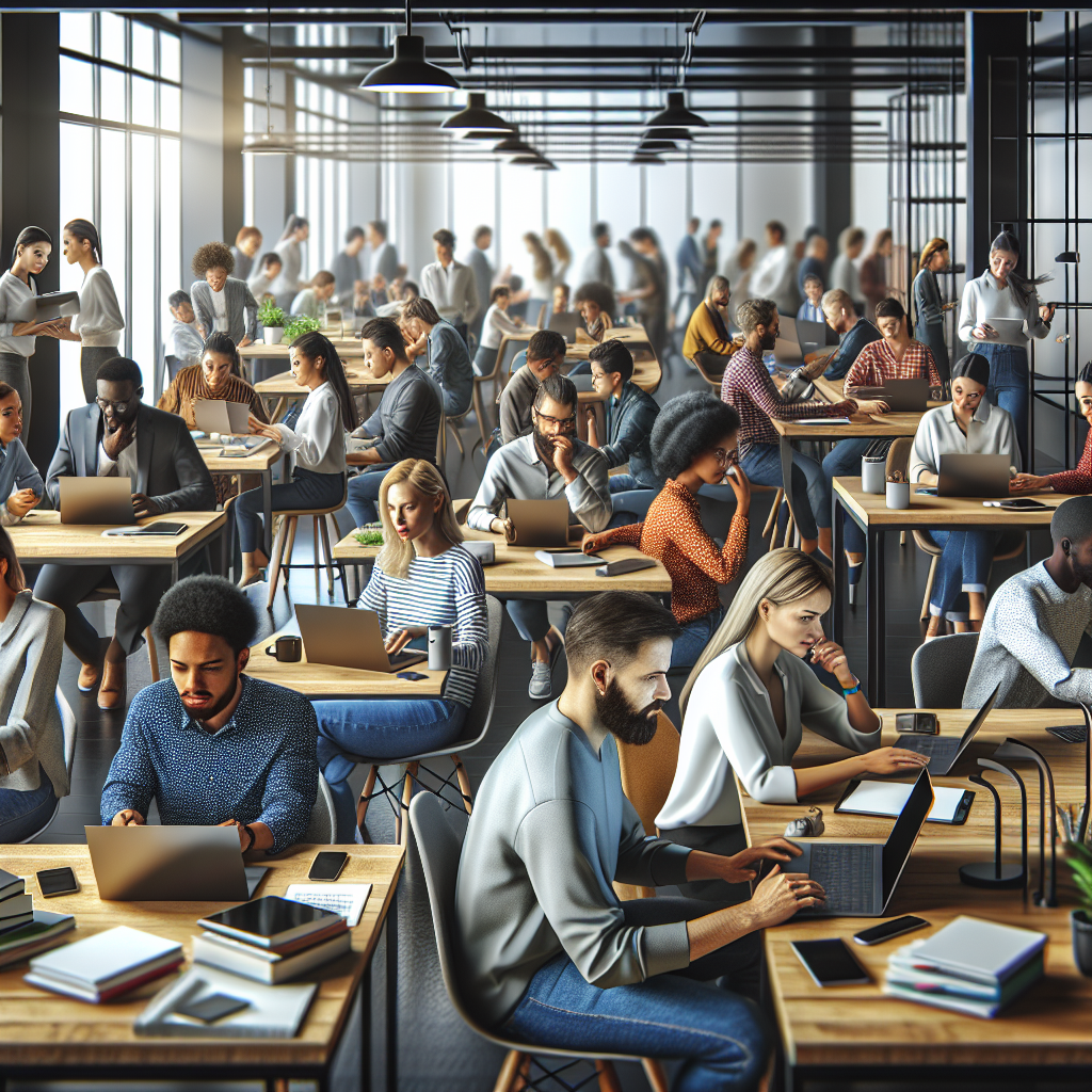 A vibrant office space with diverse team members brainstorming over digital devices