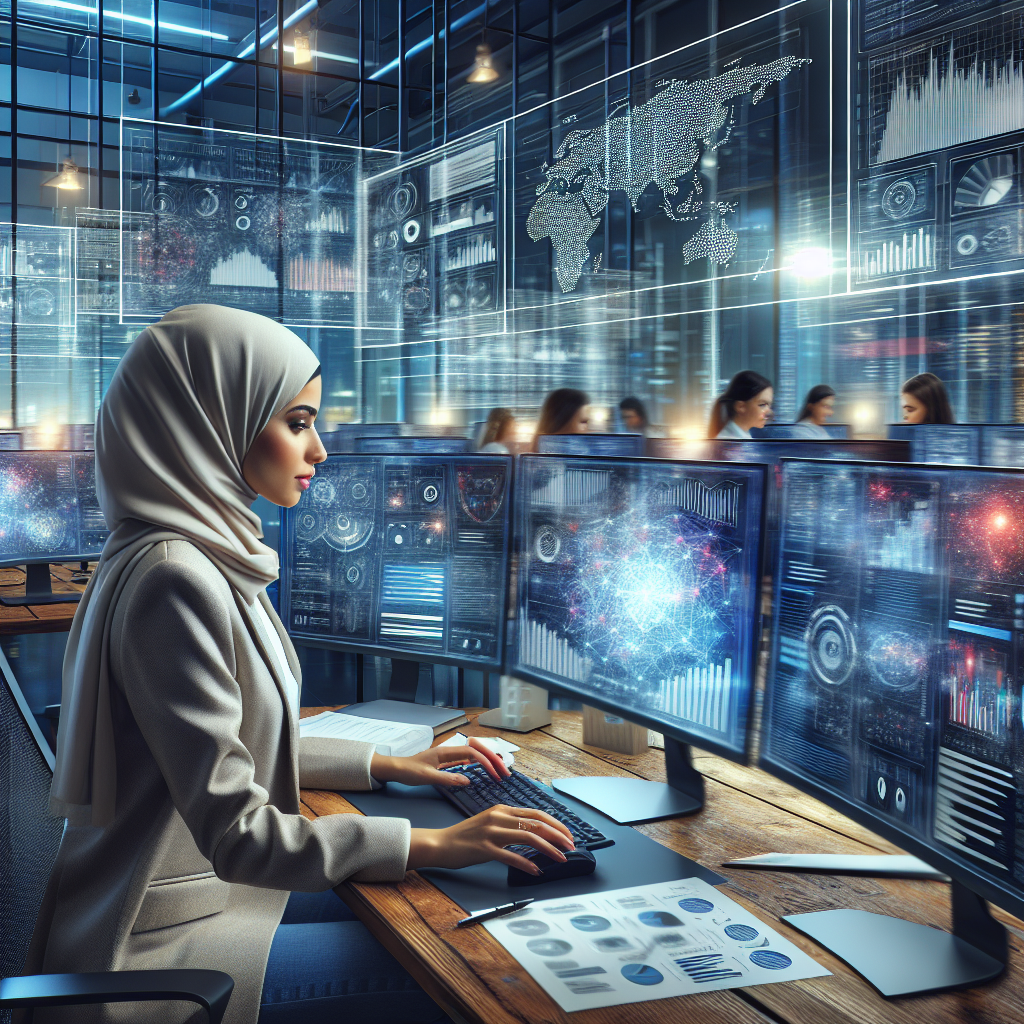 A modern digital strategist at work in a vibrant office filled with screens displaying analytics and marketing strategies