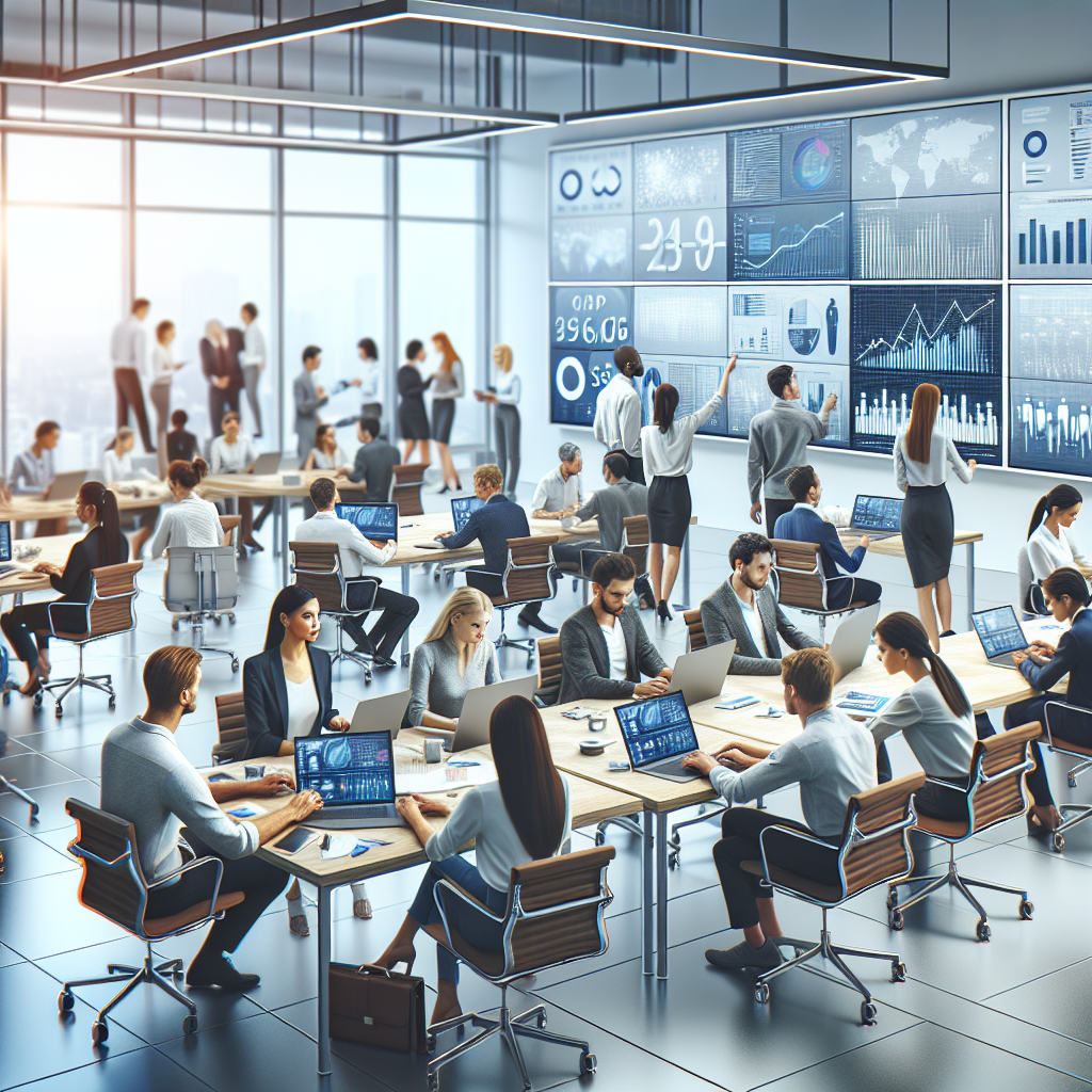 A modern office environment showcasing teamwork on digital devices with graphs and analytics on screens