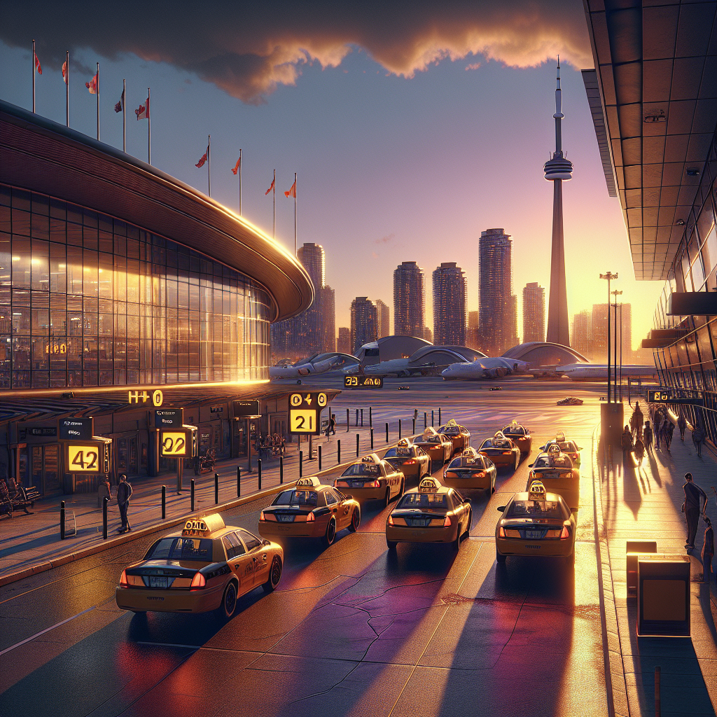 A vibrant view of Billy Bishop Airport with taxis waiting outside and downtown Toronto's skyline in the background