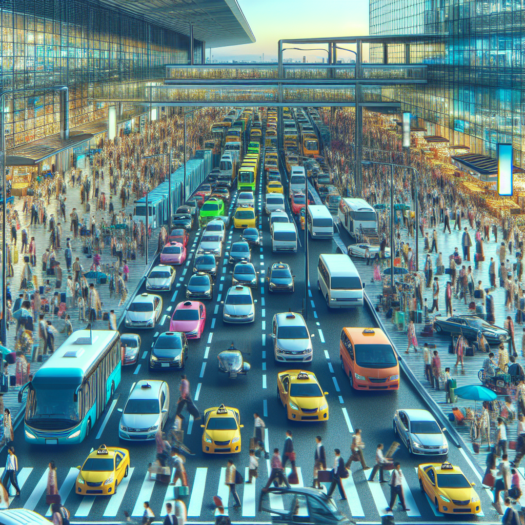 A vibrant scene showing various transportation options at Billy Bishop Airport including taxis, shuttles, and private cars