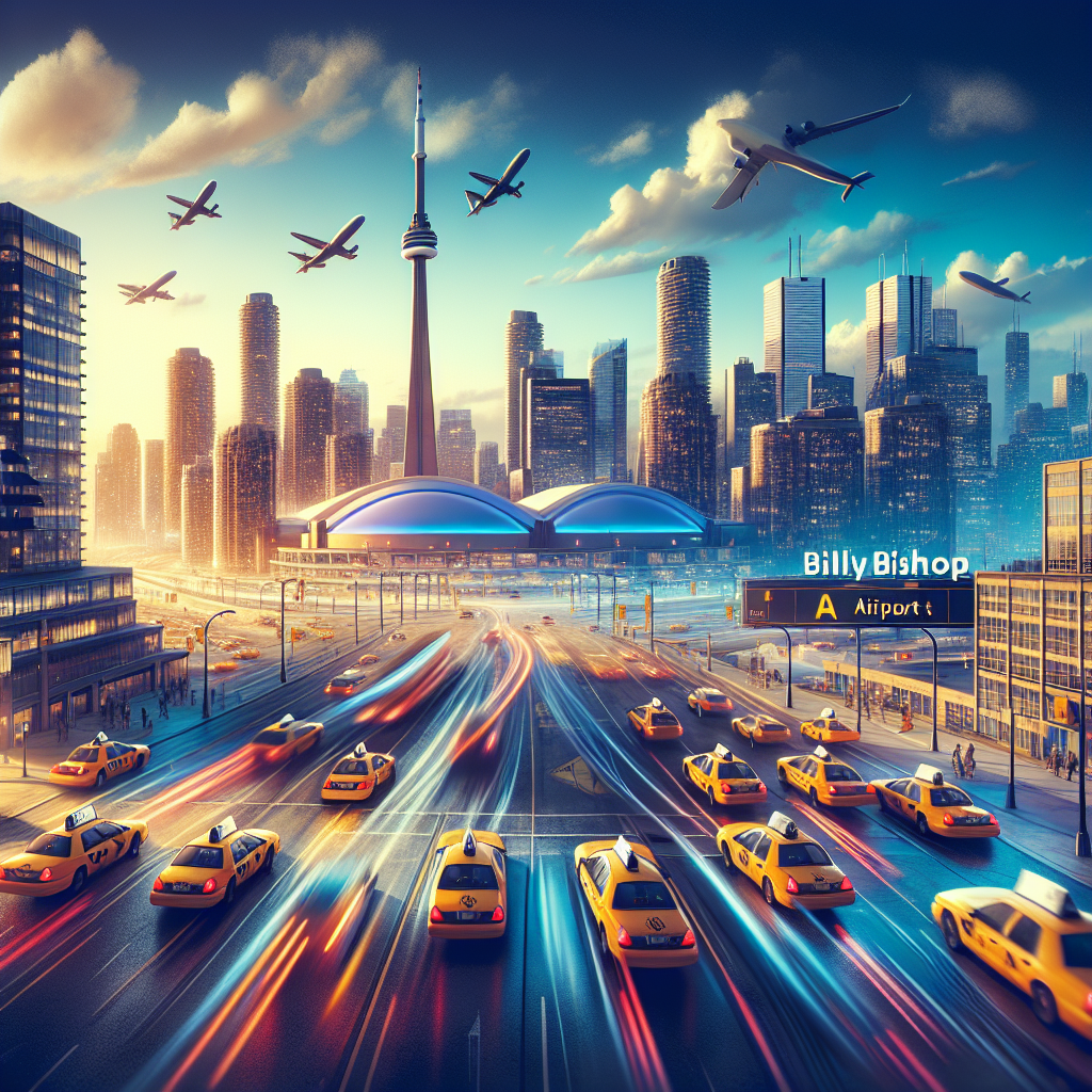 A vibrant cityscape of Toronto with taxis in motion towards Billy Bishop Airport