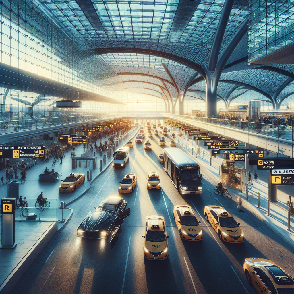 A busy Toronto airport terminal with various transportation options visible including taxis, shuttles, and limousines
