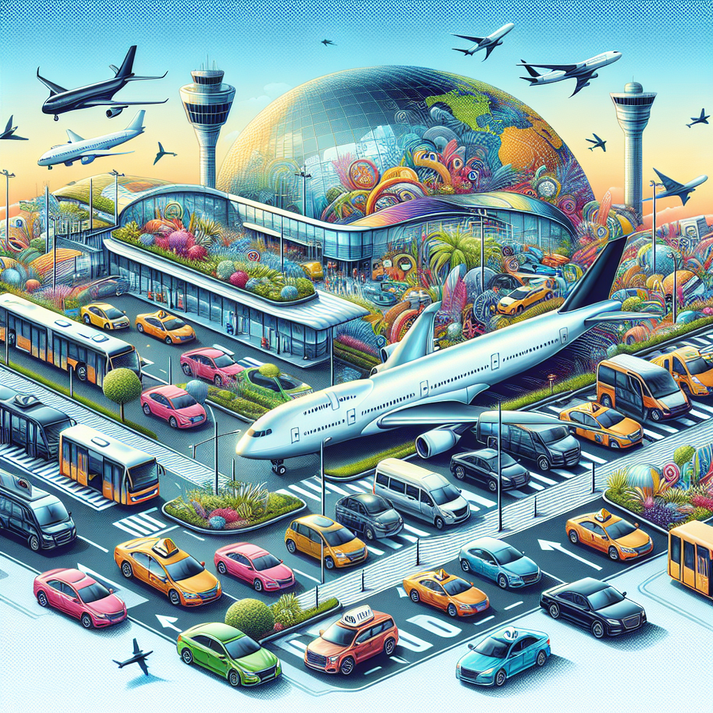 A vibrant collage showcasing various airport transportation options including shuttles, taxis, limousines, and eco-friendly vehicles outside Toronto Pearson International Airport
