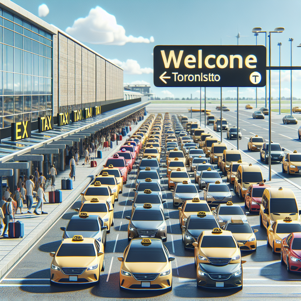 A bright and busy Toronto airport taxi stand with taxis lined up, showcasing diversity in taxi colors and styles, capturing the hustle of travelers arriving at Pearson Airport