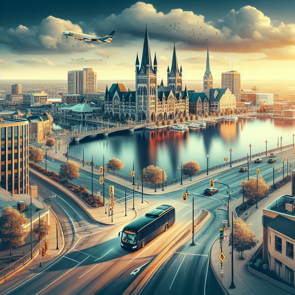 A scenic view of Peterborough with a shuttle bus ready for passengers heading to Toronto Pearson Airport