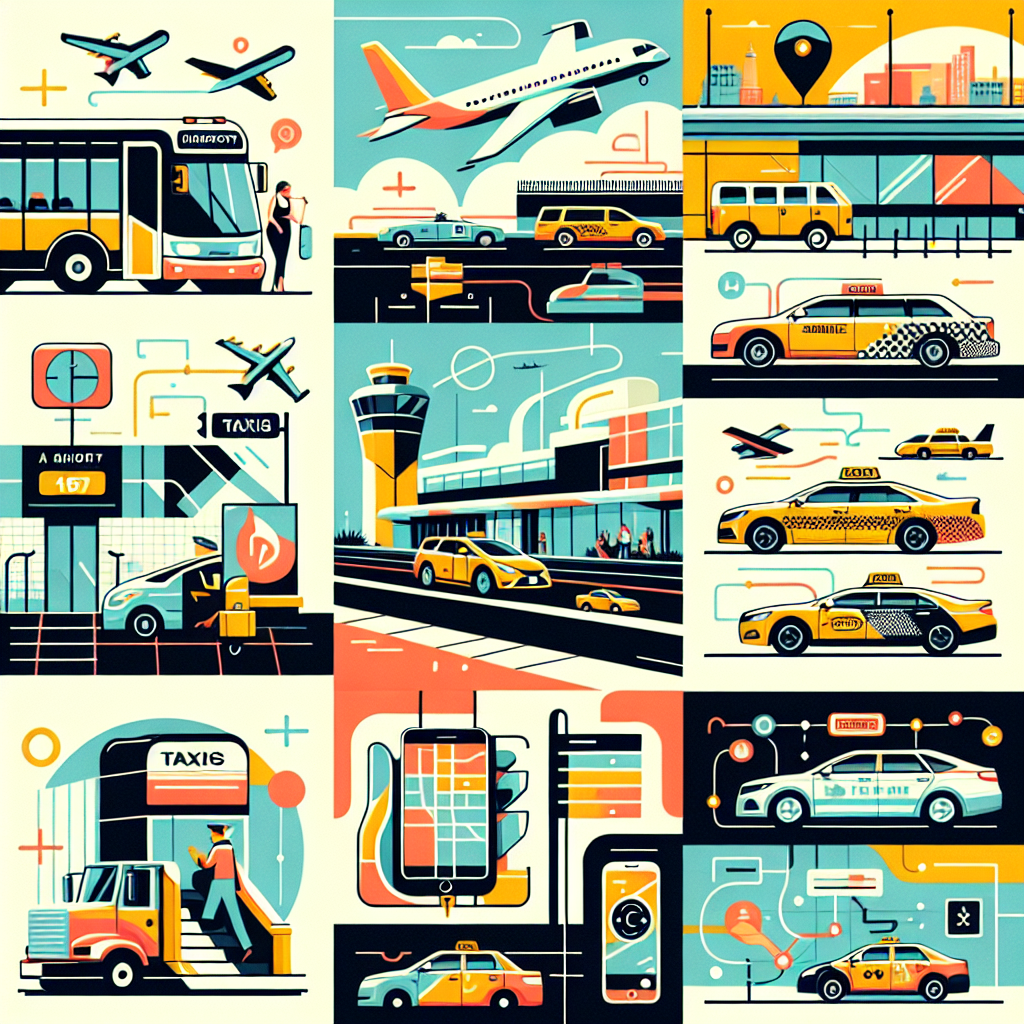 A vibrant collage showcasing various transportation options from Peterborough to Toronto Pearson Airport including shuttle buses, taxis, and rideshare vehicles