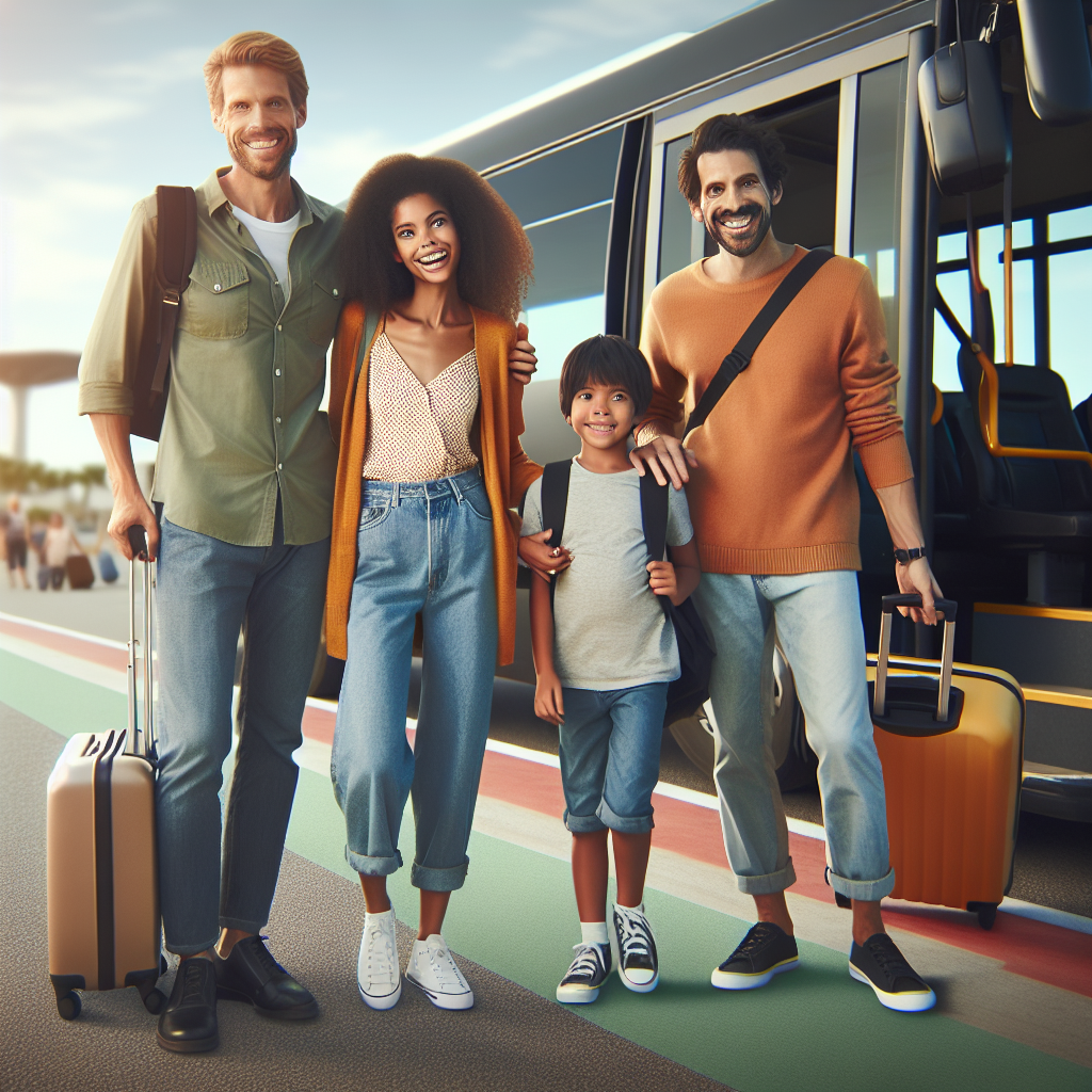A cheerful family boarding an airport shuttle bus at Peterborough ready for their trip to Toronto Pearson Airport
