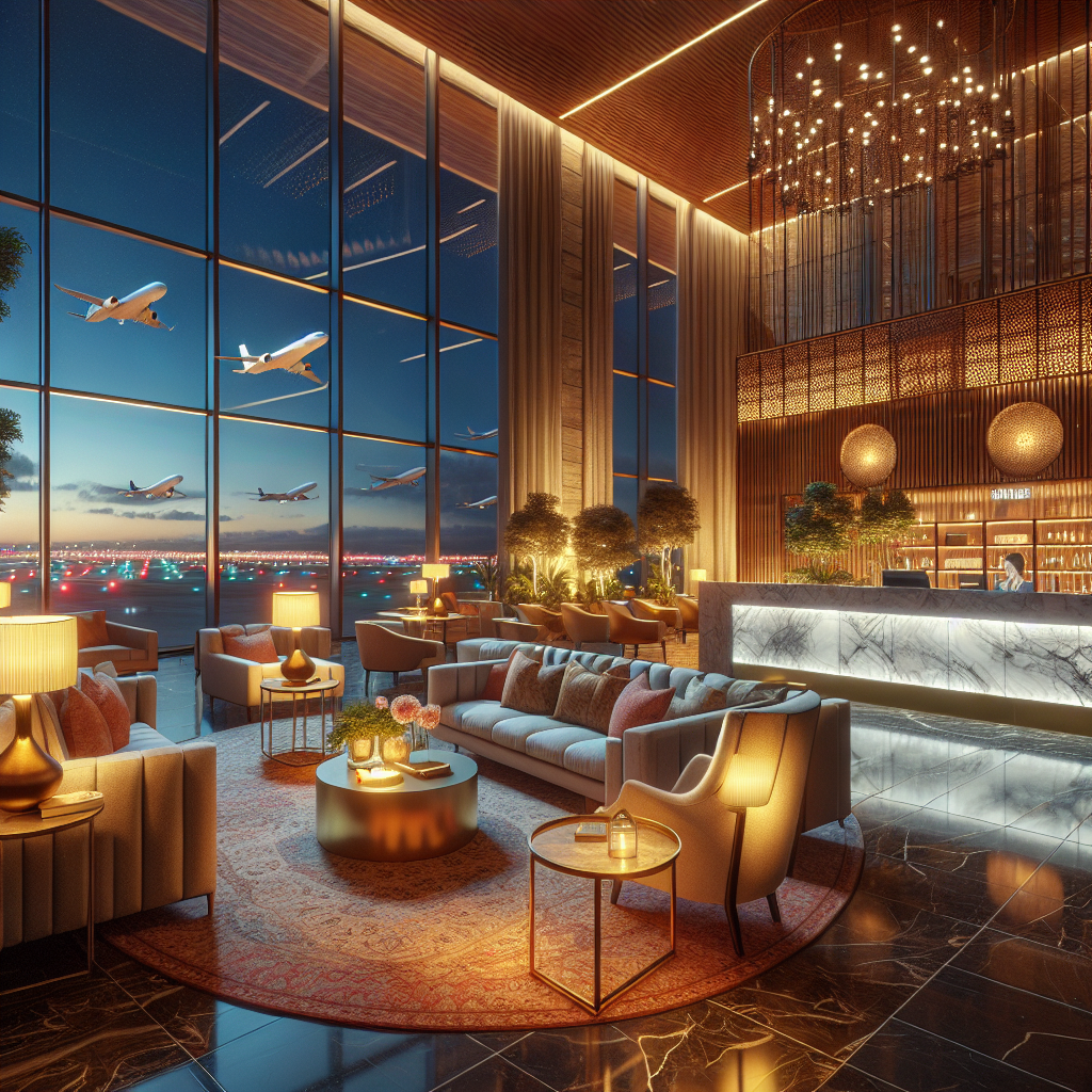 A cozy hotel lobby at night near Toronto Pearson Airport showcasing welcoming ambiance and shuttle service signs