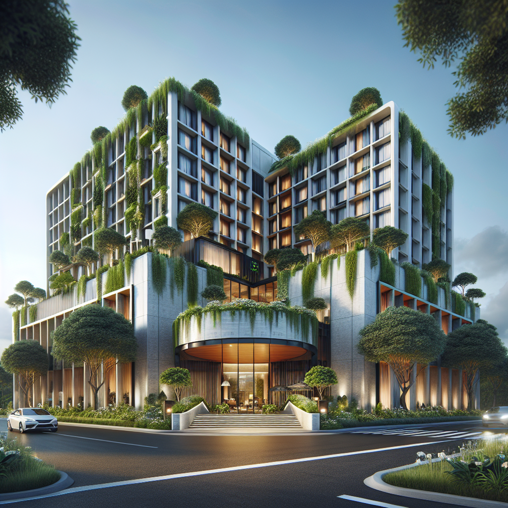 A modern hotel exterior with lush greenery around it, showcasing comfortable rooms and a welcoming entrance