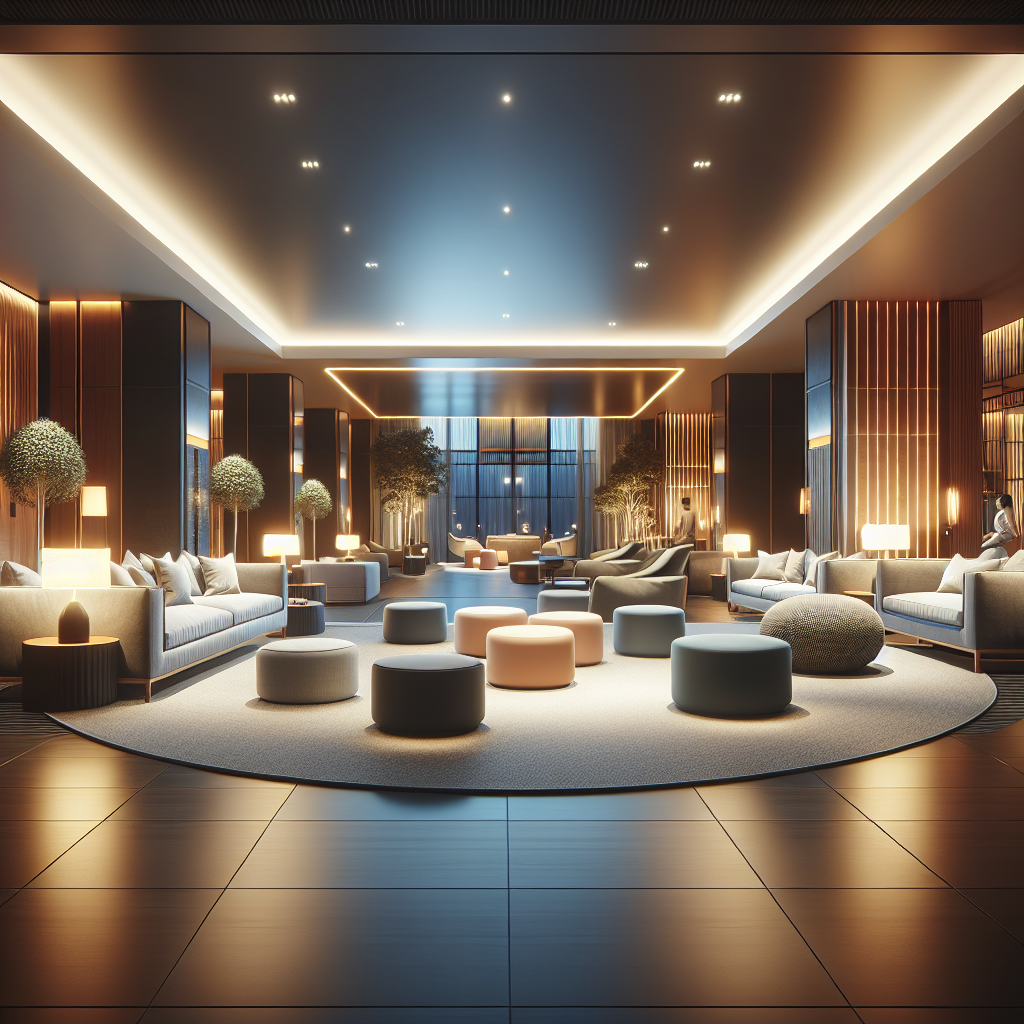 A modern hotel lobby at night with soft lighting and comfortable seating