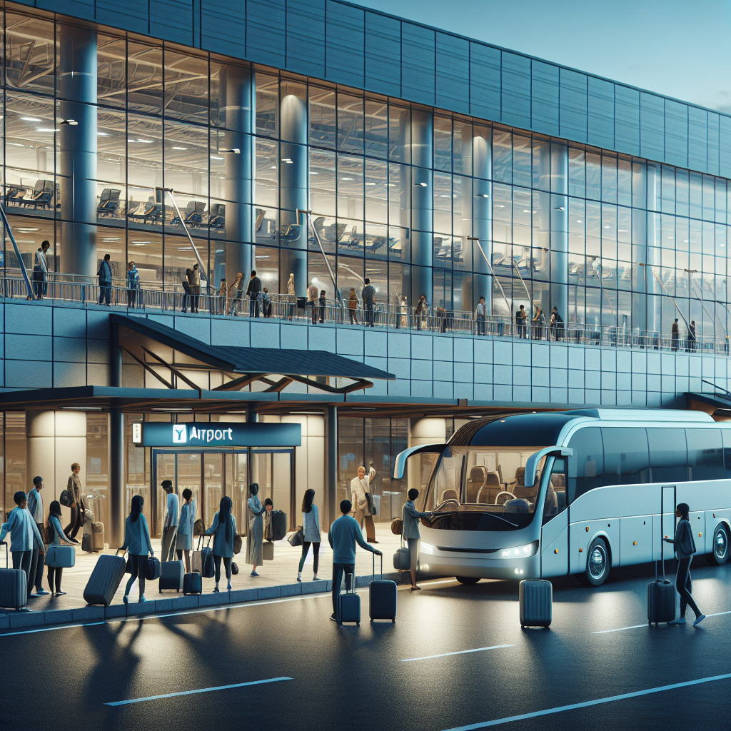 A modern shuttle bus parked outside Pearson Airport with travelers loading their luggage