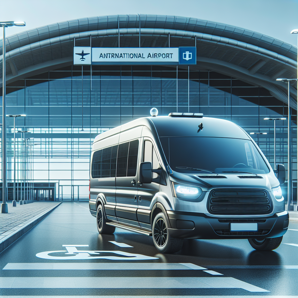 A modern airport shuttle van parked outside Pearson Airport