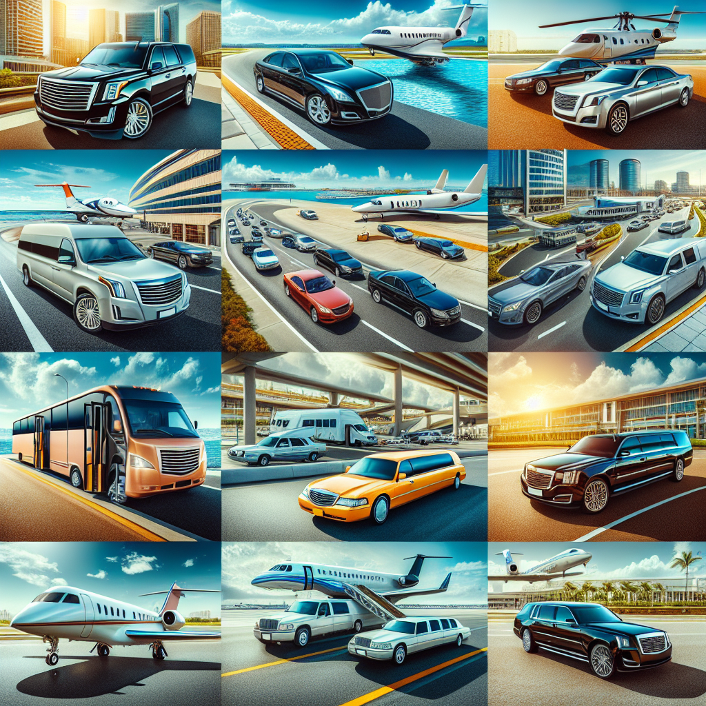 A collage showcasing different types of shuttle services from Barrie to Pearson Airport including private cars, shared shuttles, group transportation vehicles, and luxury limousines.