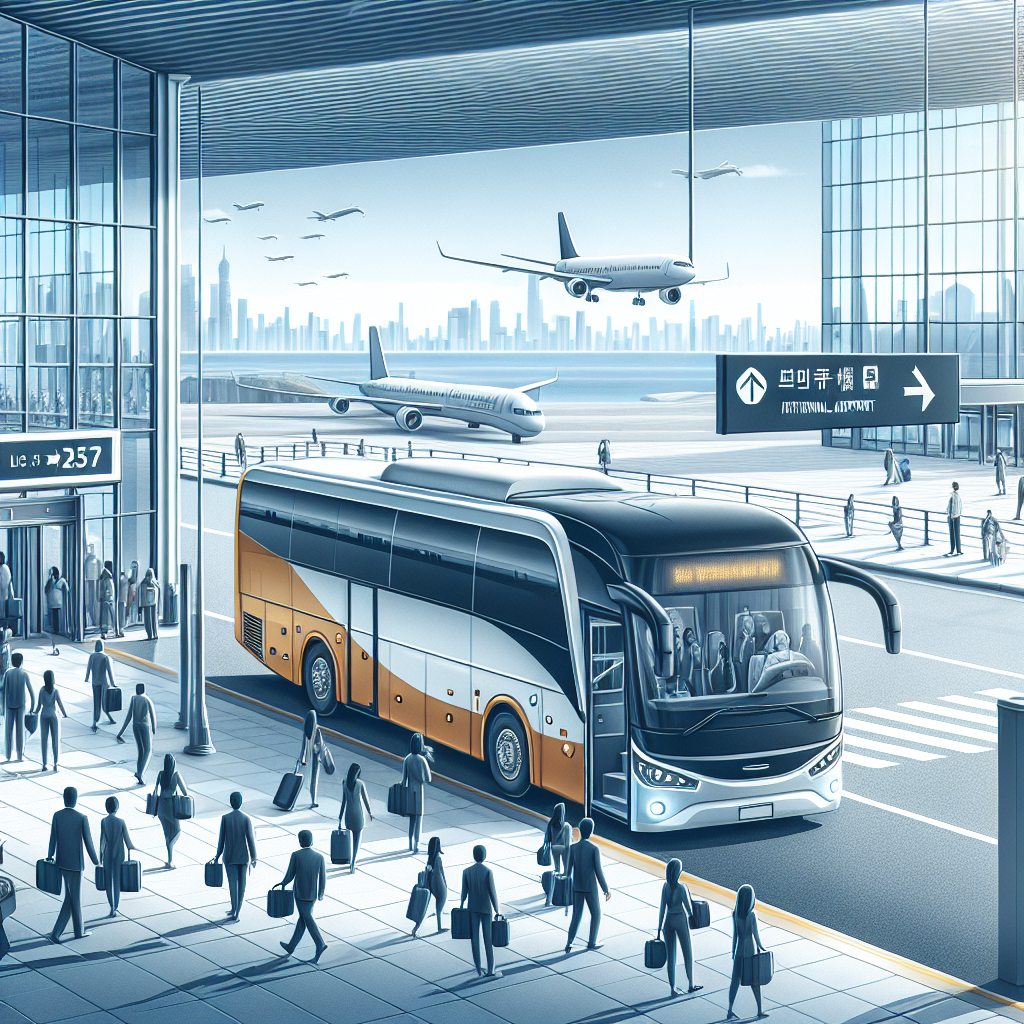 A modern shuttle bus parked outside Pearson Airport with passengers boarding