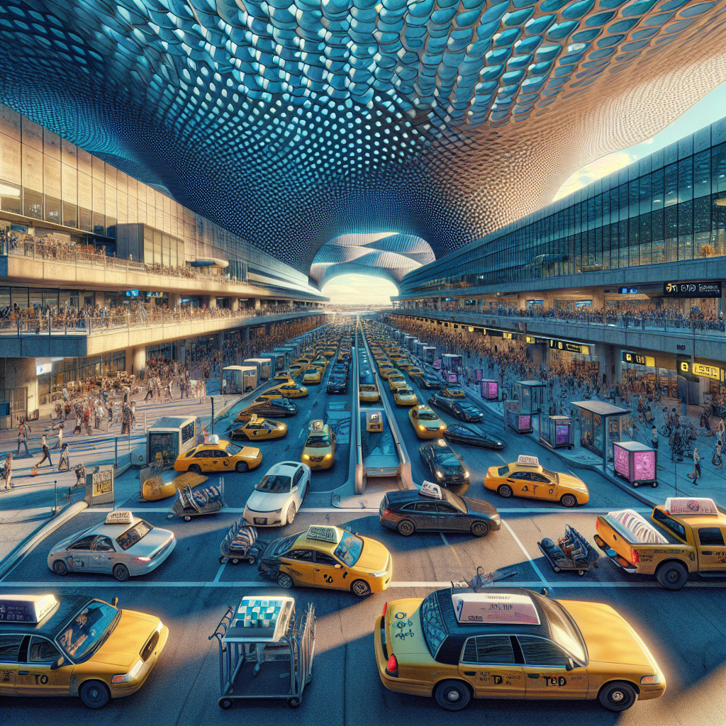 A busy scene at Toronto Pearson International Airport with various transportation options including taxis, shuttles, and limousines waiting outside the terminal