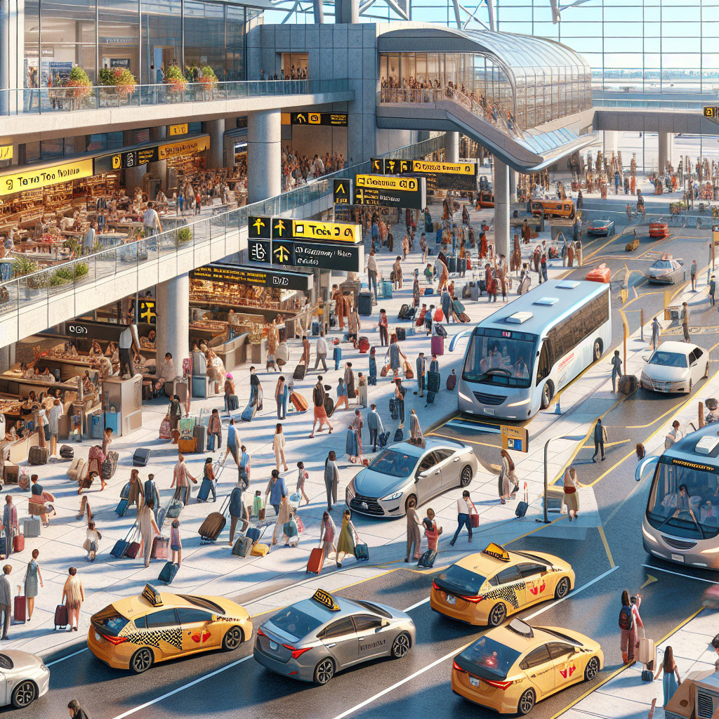 A busy Toronto Pearson International Airport terminal with travelers using various transportation services