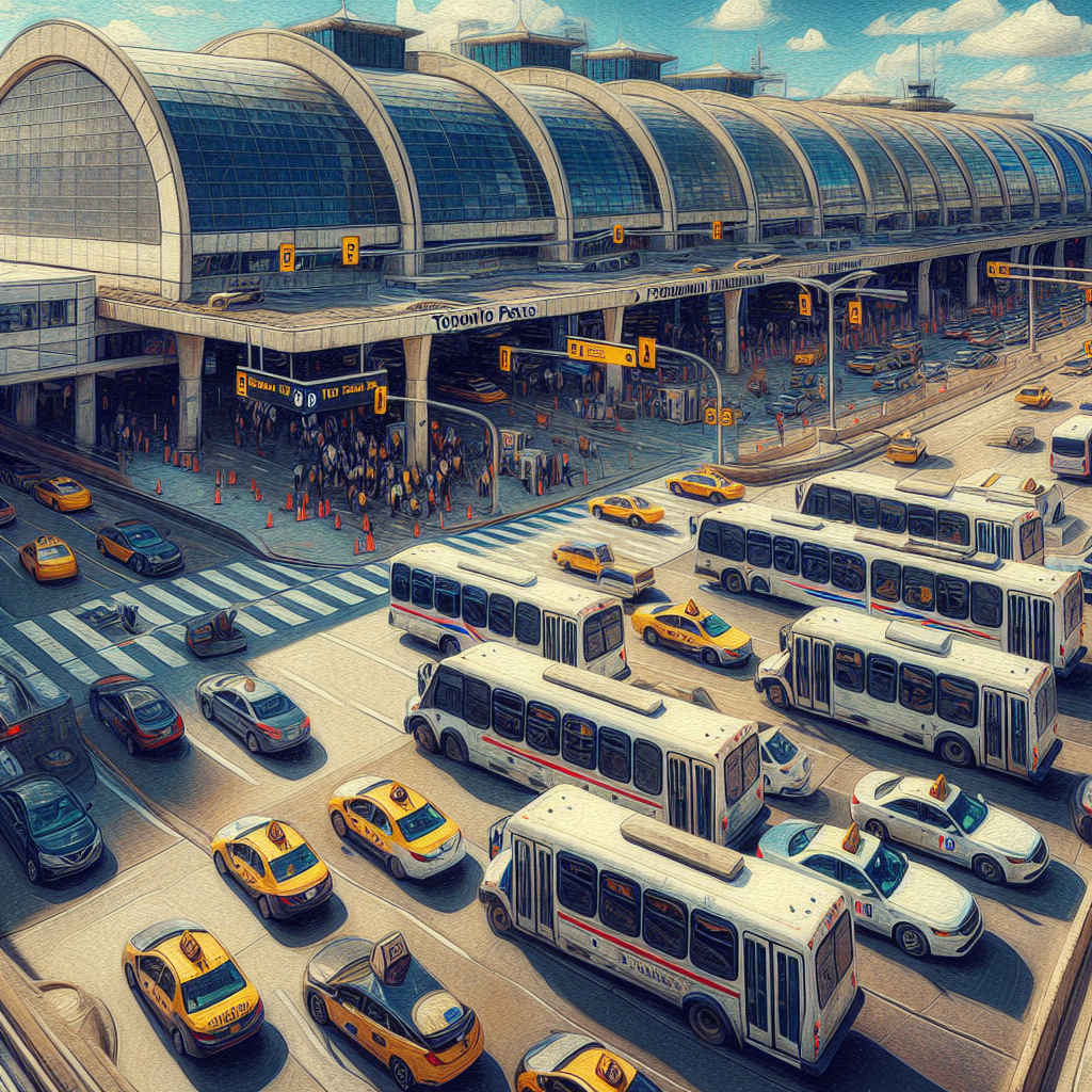 A busy Toronto Pearson International Airport with shuttles and taxis in front, showcasing various transportation options available for travelers heading downtown.