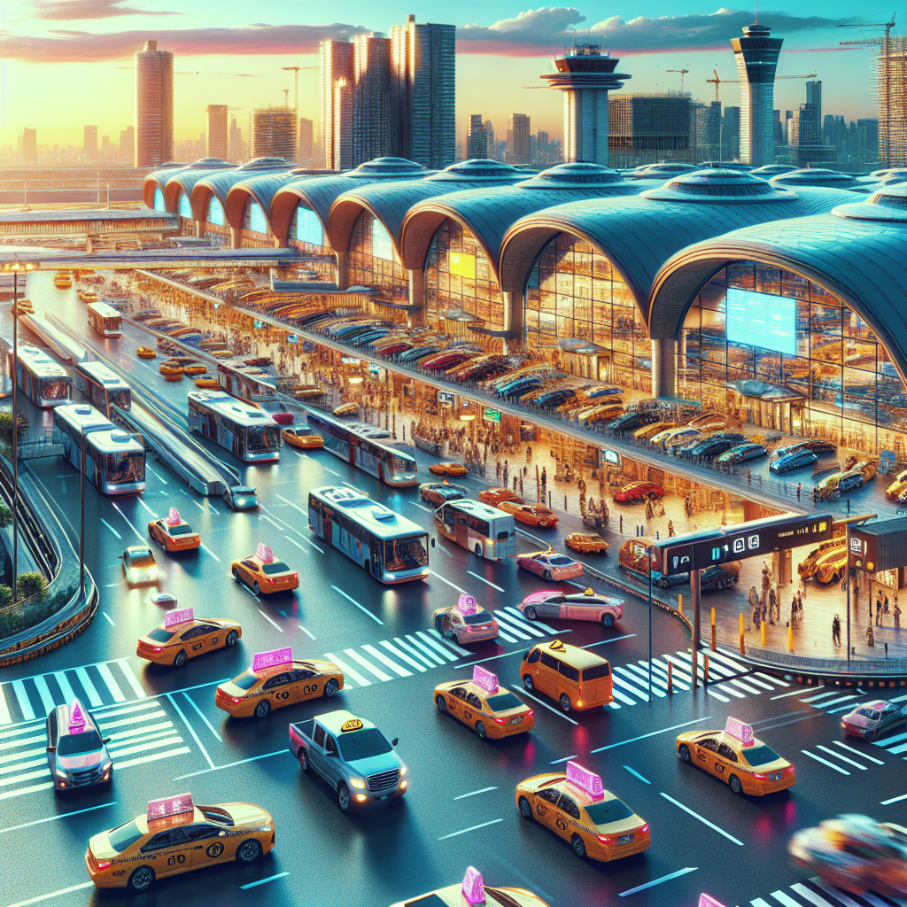 A busy Toronto Pearson Airport with various transportation options including taxis, shuttles, and luxury cars waiting outside the terminal