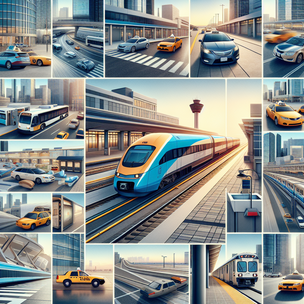 A collage of transportation options from Toronto Pearson International Airport including shuttles, taxis, and trains