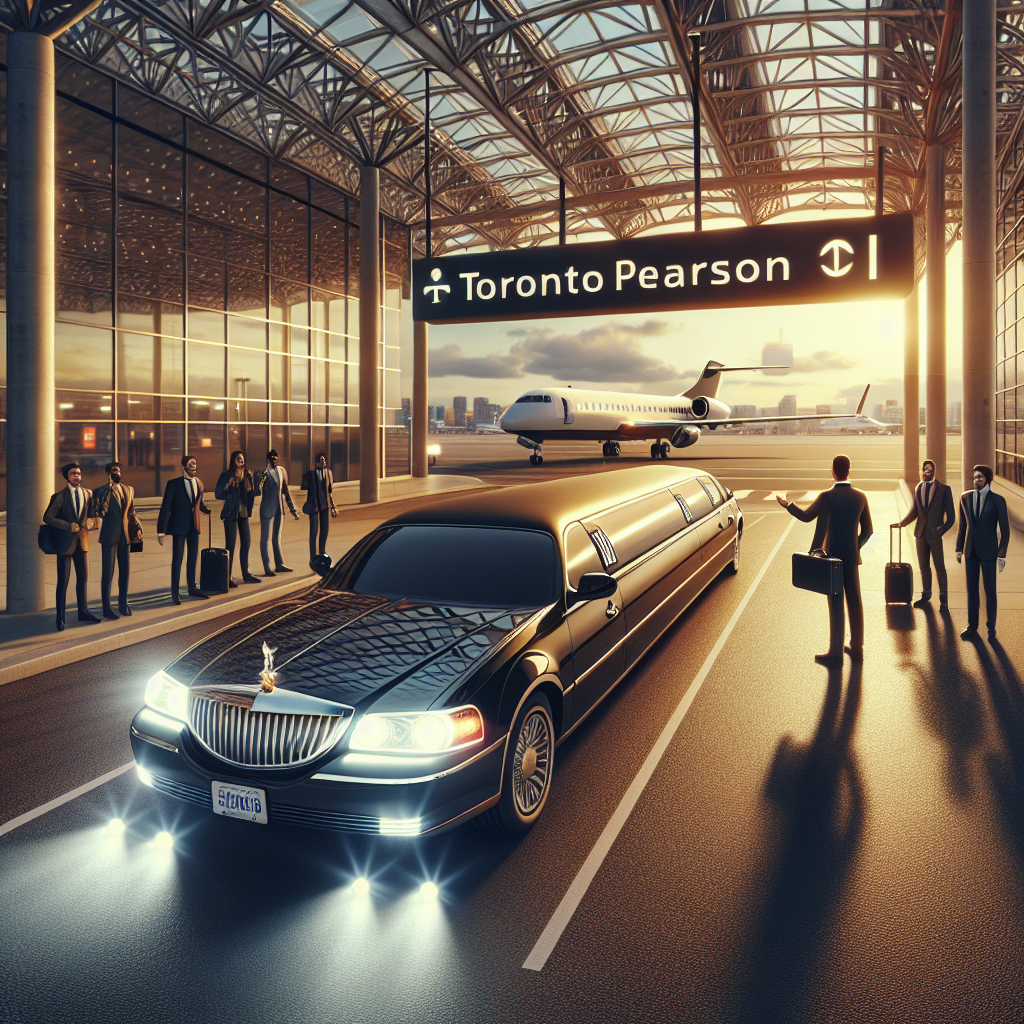 A luxurious limousine waiting at Toronto Pearson Airport with passengers being greeted by a chauffeur
