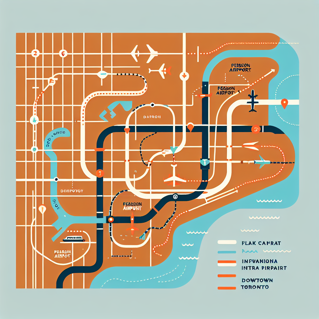 A map showing major routes from Pearson Airport to downtown Toronto with highlighted paths