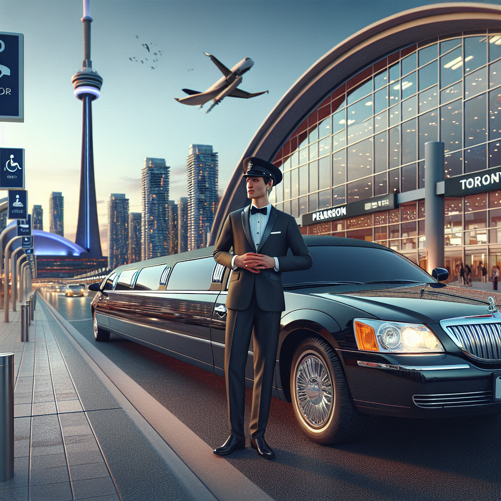 A luxurious limousine parked at Toronto Pearson Airport with a professional chauffeur waiting by the door