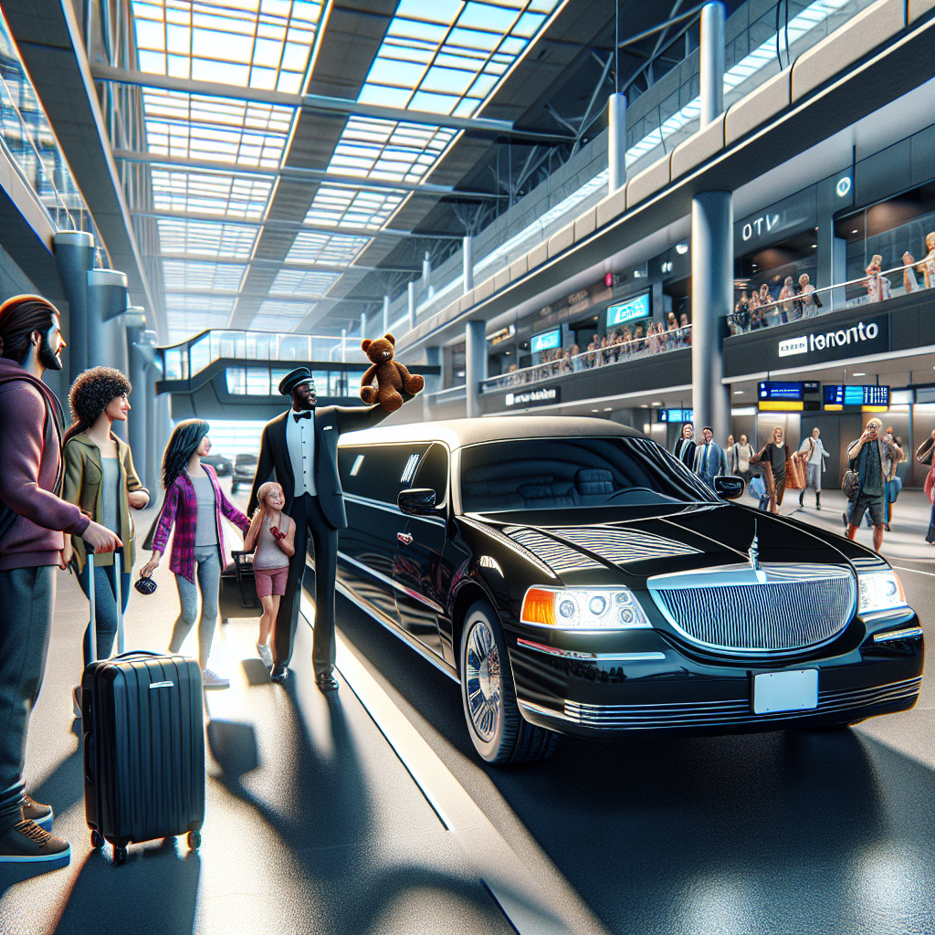 A luxurious black limousine parked at Toronto Pearson Airport with travelers being greeted by a chauffeur