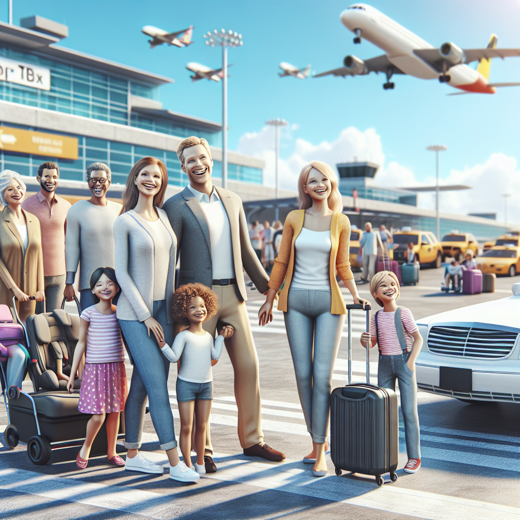 A happy family getting into a taxi with child seats at Billy Bishop Airport, bright sunny day, cheerful atmosphere