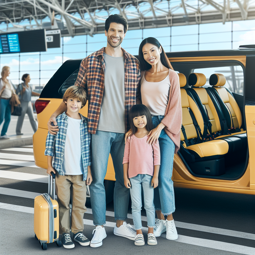 A happy family getting into a taxi at an airport with child seats installed